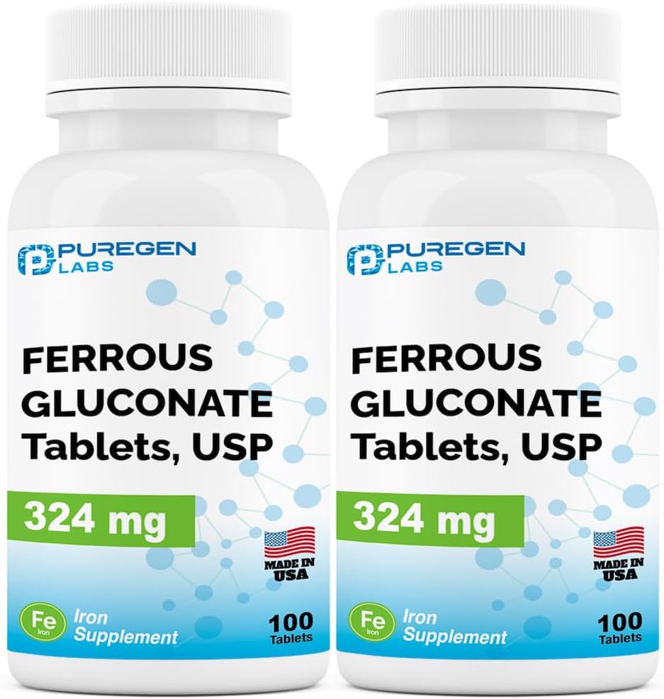 Puregen Labs Ferrous Gluconate 324 mg [High Postance] Geležies priedas, Švelnus ant skrandžio, 124; 2 pakuotė - 200 tablečių Iš viso