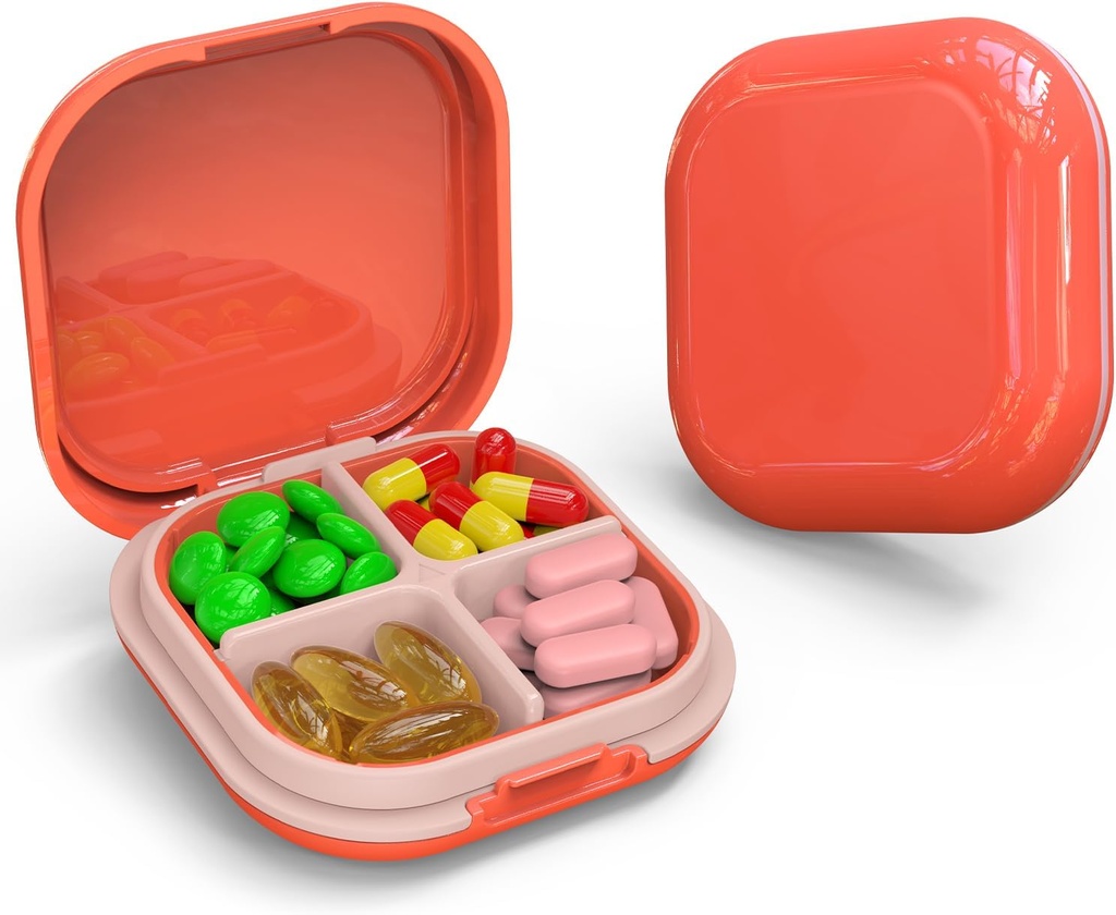 Kasdien pilys organizatorius 4 departamentai, Mažos pilys dėžutė Portable Travel Pill Case, mini pilys konteineris išvalytoje kišenėje, kompaktiškas kelionės medicinos organizatorius vitaminas, Menkės kepenų aliejus, papildymas (Rausva)