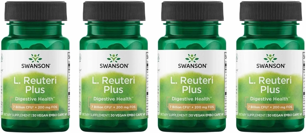 Swanson L. Reuteri Probiotic Plus w/L. Rhamnosus L. Acidophilus & FOS Prebiotic Digestive Support - Promotes Gut Health w/ 7 Billion CFU per Capsule - (30 Veggie Capsules) (4 Pack)