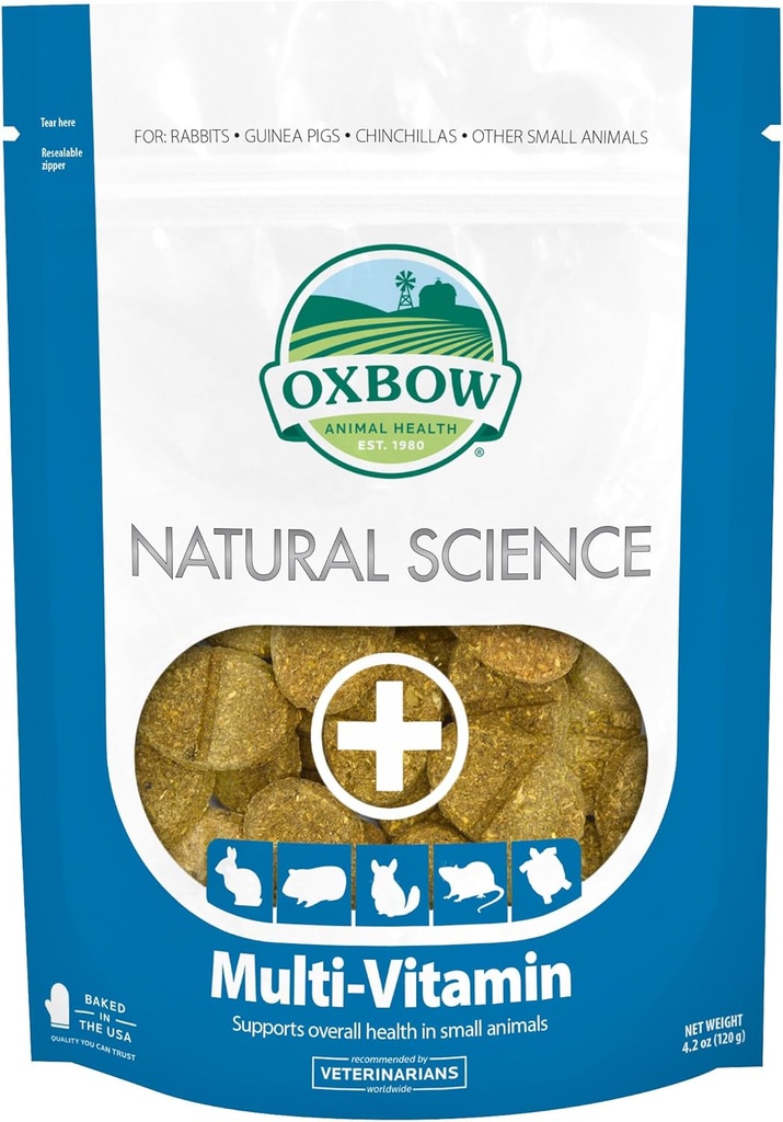 Oksbow Natural Science Multi- Vitaminai, High Fiber Addition for Rabbits & Guinea Pigs, Pagaminta su Timothy Hay, Multi- Pet Households, Omega 3 & 6 riebalų rūgštys, Pagaminta JAV, 4.2 oz maišas