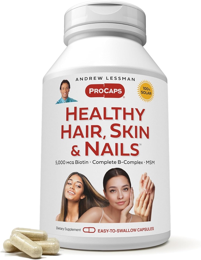 ANDREW LESSMAN Healthy Hair, Skin and Nails 240 Capsules - 5000 mcg High Bioactivity Biotin, B-Complex. Promotes Beautiful Skin, Strong Nails. No Additives Hair Growth Vitamins Biotin Supplement