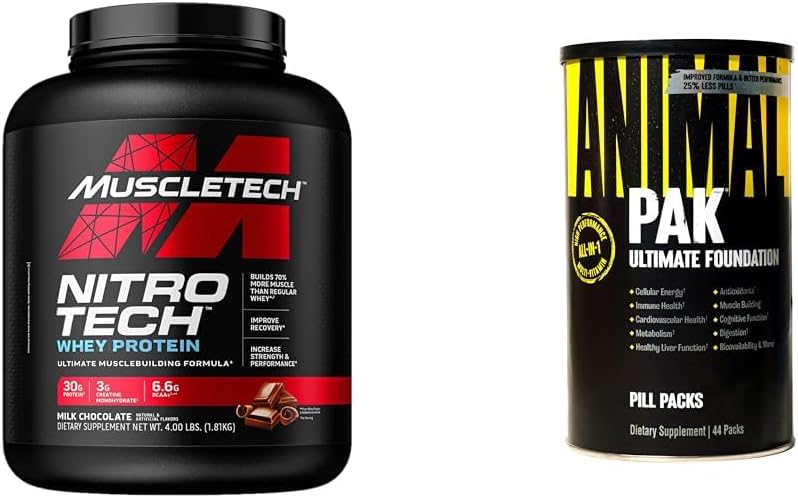 Muscletech Whey Protein Powder Nitro-Tech Whey Protein Isolate & Peptides & Animal Pak - Convenient All-in-One Vitamin & Supplement Pack