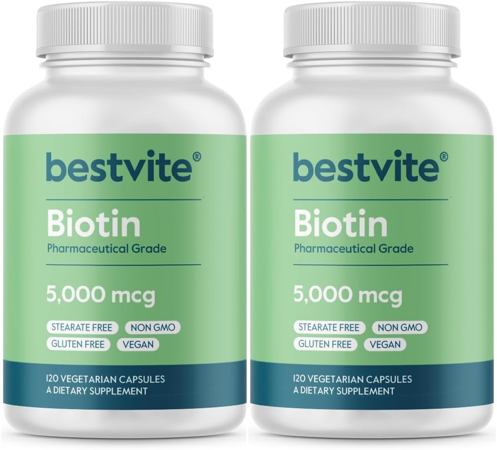 BESTVITE biotinas 5000mcg (240 Vegetariškų kapsulių) (120 x 2) - No Stearates - No Flow Agents - Vegan - Non GMO - Gluten Free - Plaukų, odos, nagų