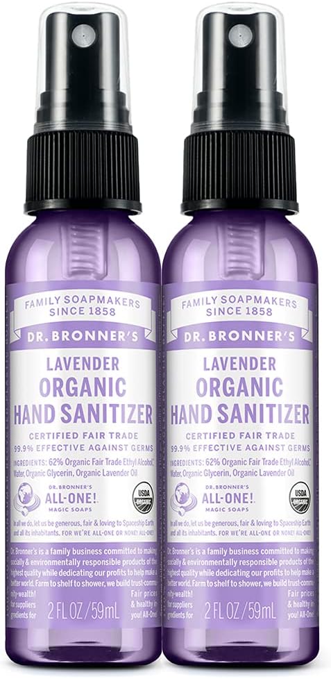 Dr. Bronner - Organic Hand Sanitizer Spray (Levender, 2 Ounce, 2-Pack) - Paprasta ir veiksminga formulė, Valo & Sanitzes, No Harsh Chemicals, Drėkina ir valo Rankas