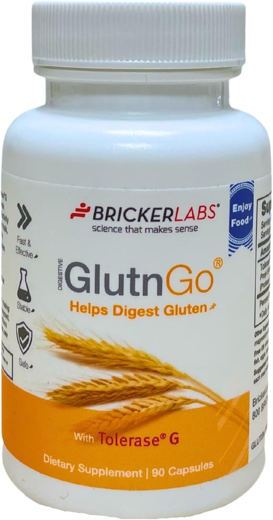 Bricker Labs GlutnGo su Toleraze G 100mg Digestion Priedas Gluten netoleravimas, Kliniškai Proven padėti Digest Gluten, Greitas, Efektyvus ir saugus Digestive Pagalba, 90 kapsulės
