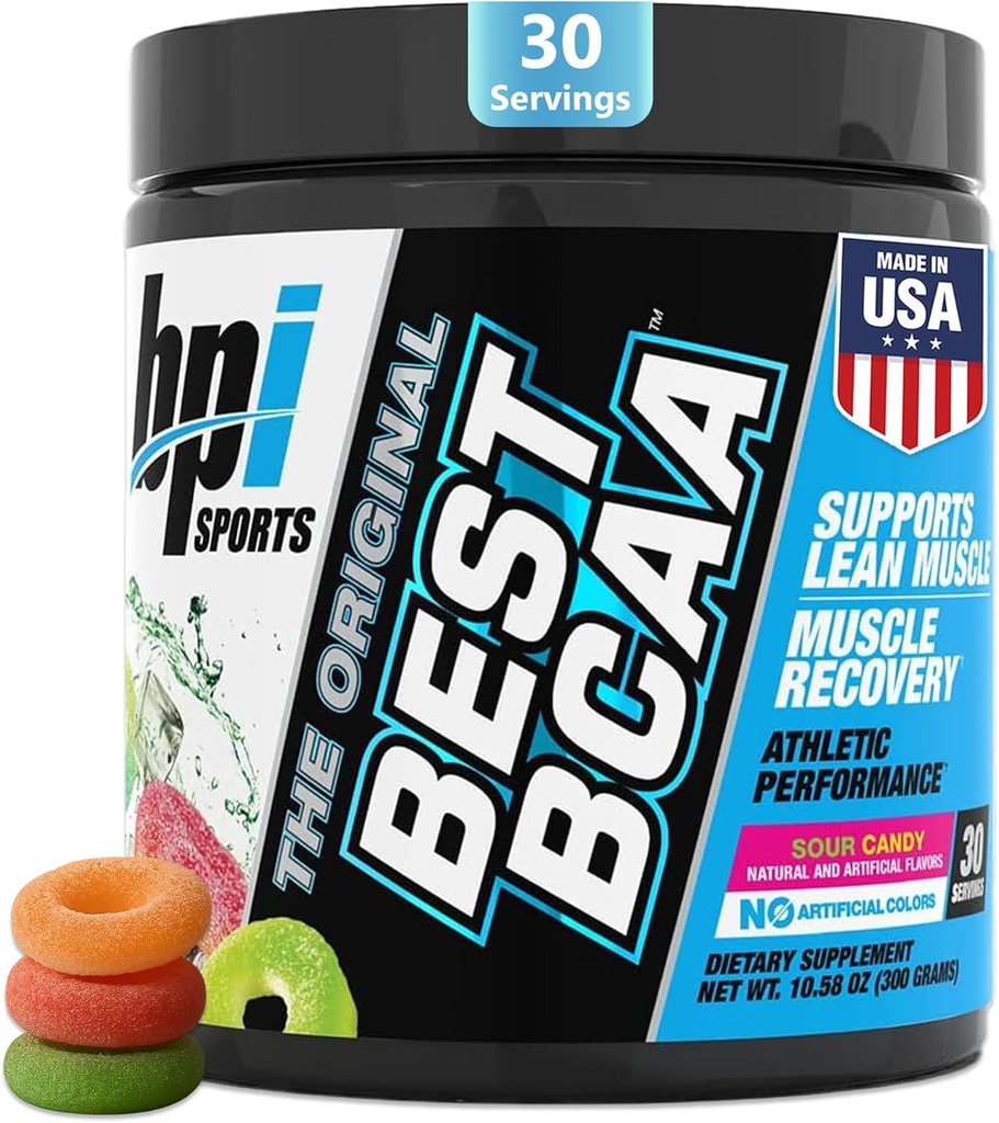 BPI Sportas geriausias BCAA - BCAA milteliai - šakotosios grandinės amino rūgštys - Raumenų baltymų sintezė - Lean Raumenys - Pagerintas našumas - Hidracija - Sour Candy - 35 Paslaugos - 12.34 oz.