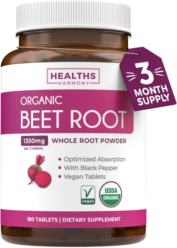 Organinių runkelių šaknų milteliai tabletės - Extra Forum Beet Additional with Black Peper Extract for Enhanced Absorption to Support Heart Health Nitric Oxide Production & Athletic Performance (3 Months)