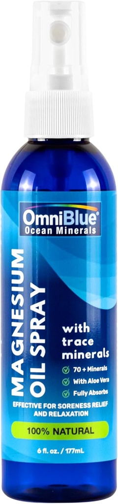 OmniBlue Magnis & Ocean Mineralinis Spray- Topical, Jonic & Bioavailable Trace Mineralai - paramos Soreness, Cramps, Joints and Miego - Purškimo Absorbs Fast, No Sting - JAV Made (6oz)