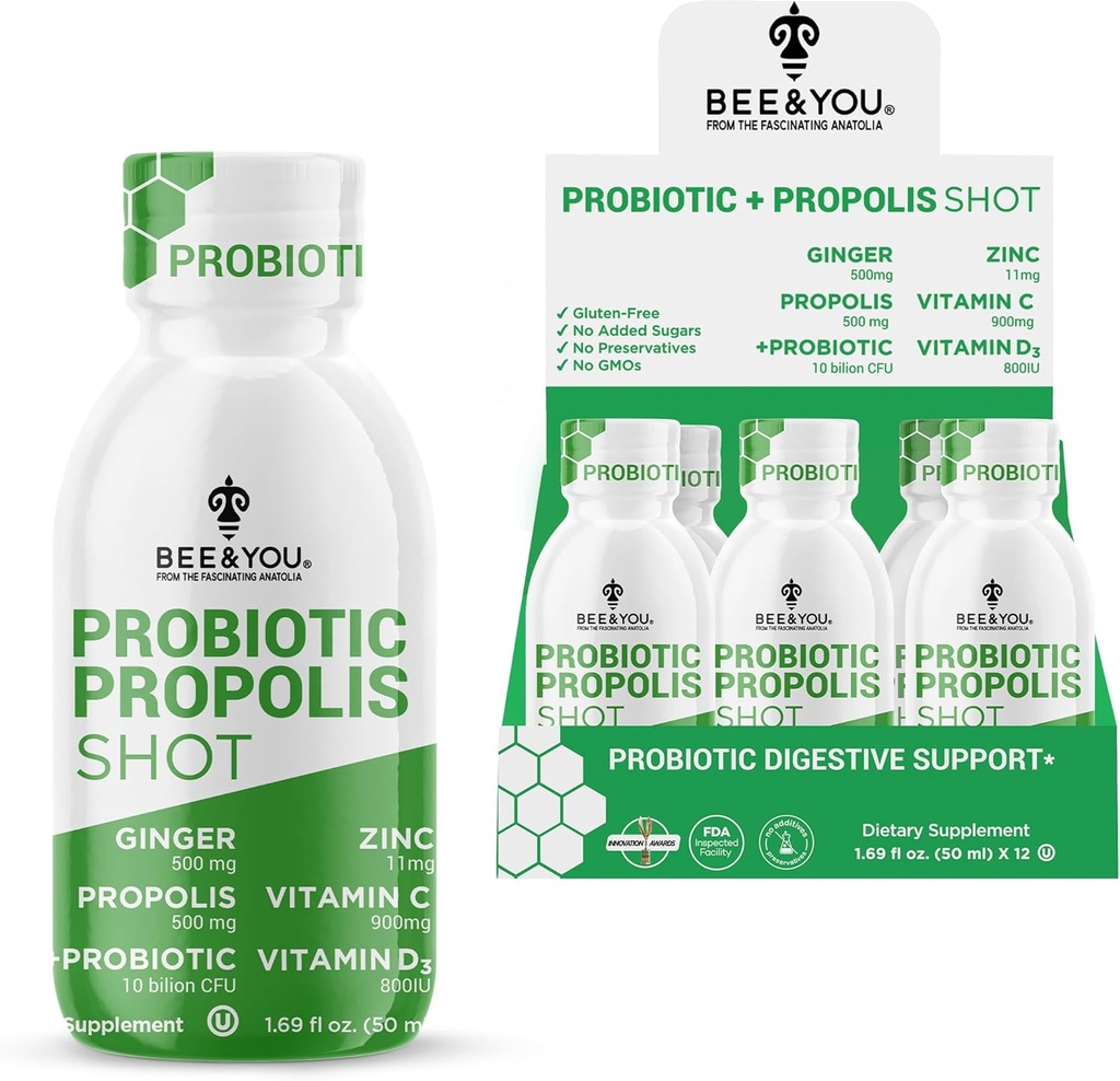 Bitės ir jūs Propolis Immune Shot, Probiotic, Vitaminas C, Vitaminas D3, Cinkas, imbieras, Imunin, Imunin Support, Gut Health, Digestive Health, Bioactive 1.69 Fl. oz, 12 Pack