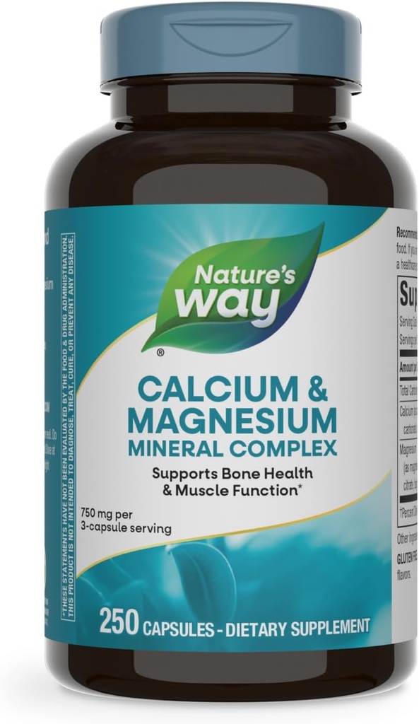 Nature's Way Calcium & Magnesium Mineral Complex, Supports Bone Health & Muscle Function,* 750 mg per 3-Capsule Serving, 250 Capsules (Packaging May Vary)