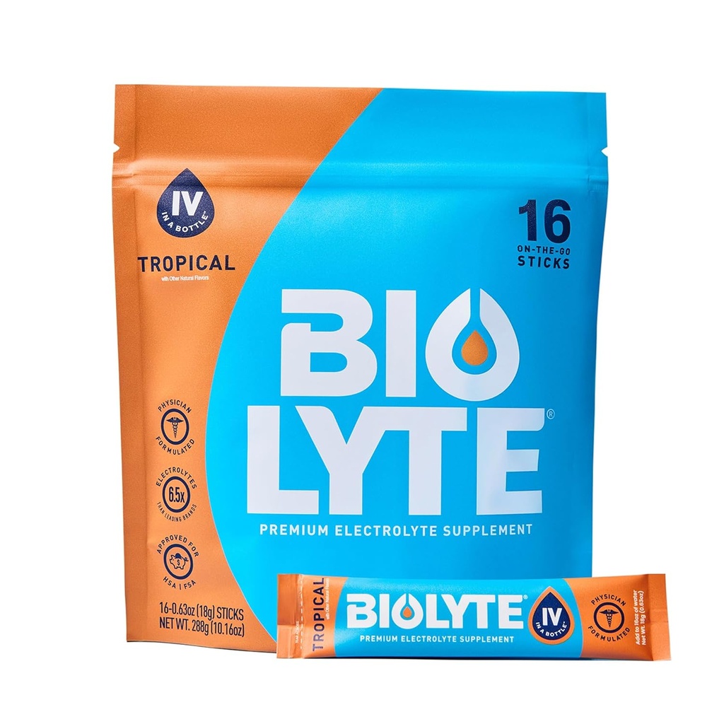 BIOLYTE IV Electrolyte miltelių pakuotės, IV skystų gėrimų mišiniai vandeniui, Doctor- Determined Hydration, HSA & FSA Patvirtinta Dehidratacija Relief, Chemoterapija turi Have moterų & vyrų - Tropical (16 Sticks)