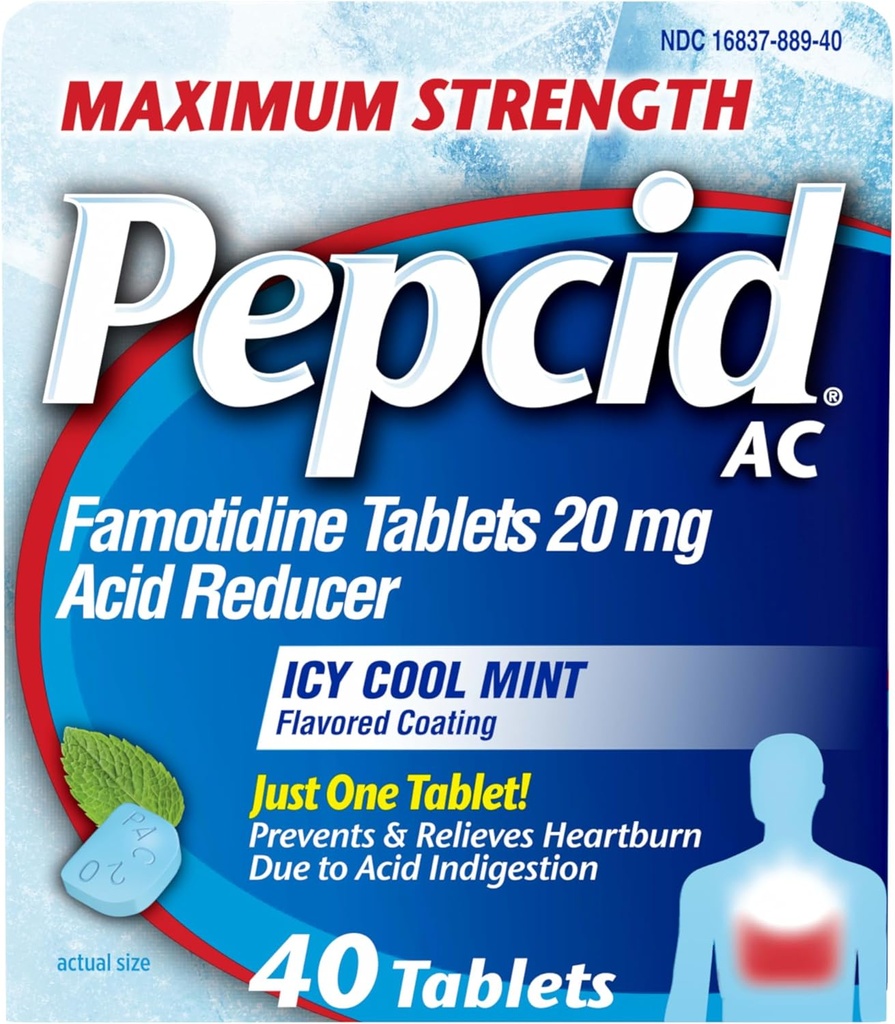 Pepcid AC Maksimalus stiprumas Heartburn Relief Tablets, OTC Medicina Apsaugo ir atpalaiduoja Heartburn Dėl rūgščių nevirškinimas & Sour Stomach, 20 mg Famotidine Acid Reducer, ICY Cool Mint, 40 ct