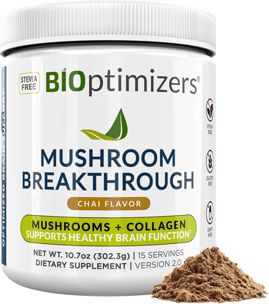 BIOOptimizers Mushroom Coffee Alternative - Chai Drink - Lion 's Mane, Chaga, Reishi + Collagen Peptides for Focus, Energy & Gut Health - Adaptogeniškas grybų & MCT milteliai - 15 Paslaugos