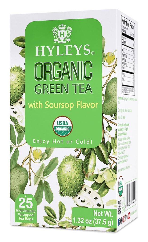 Hyleys Organic Green Tea Soursop Flavor - 25 Tea Bags - (12 Pack - 300 Tea Bags Total) - Graviola Guanabana Tea