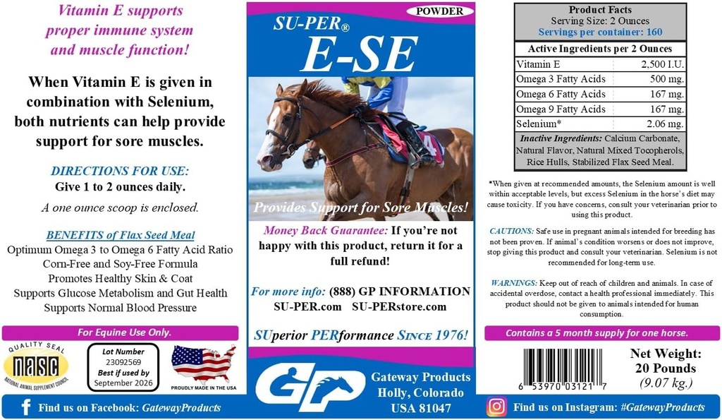 SU-PER E-Se Horses Antioxidant Supplement - Vitamin E & Selenium for Sore Muscles Support - 20 Pound