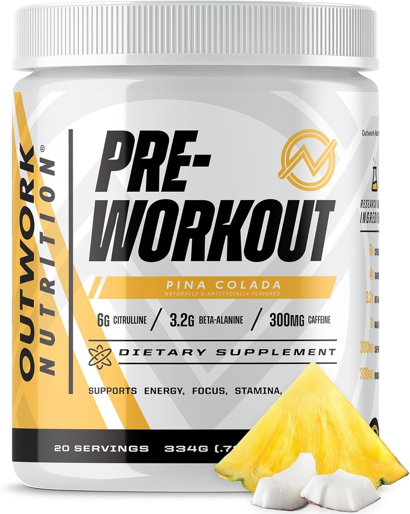 Outwork Nutrition Preworking for Men & Women - Nootropinis prieš treniruotę be kreatino, prieš treniruotės milteliai su Taurine Rhodiola citrulline Malate Beta Alanine kofeinas (Pina Colada)