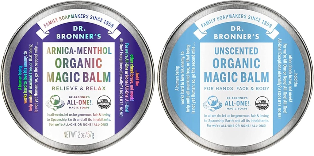 Dr. Bronner - Ekologiškas magija Balm (2 oz Variety Pack) Arnica- Menthol & Baby Uncoved - Pagaminta su organinių bičių ir kanapių aliejus, drėkina ir Sootes Rankos, Veido & Kūno Ir 124; 2 Skaičiavimas