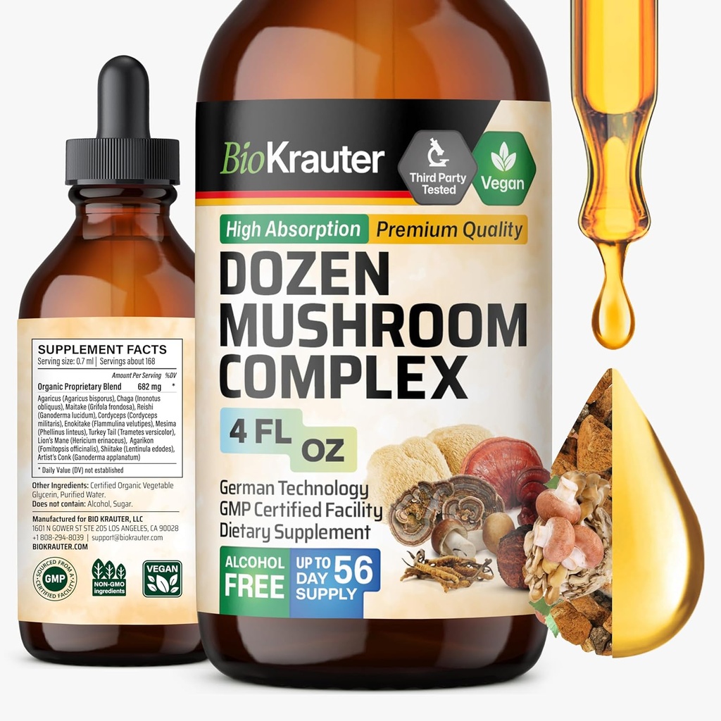 BIO KRAUTER Dozen grybų degustacija - Imuninės paramos priedas lašai - Skatina Digestive & Cognitive Support - Ne GMO, skysto imuniteto gynybos formulė - 4 flo. oz Butelis