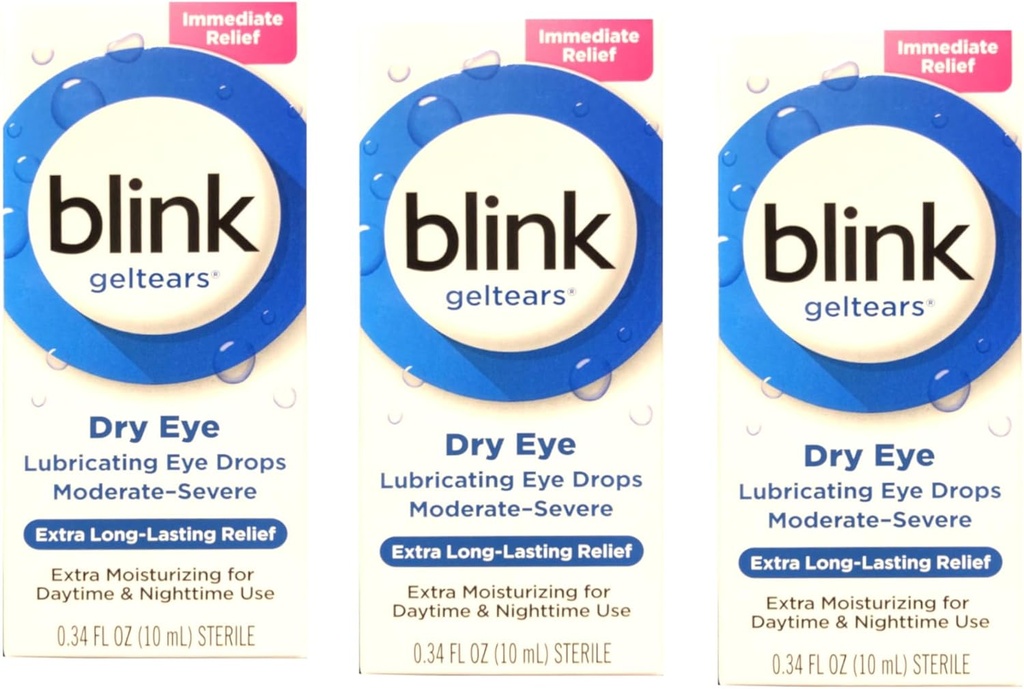 Blink GelTears Tepimo Akių lašai sausai akims, Extra Long- Listing Relief, Drėkinanti Formulė, Vidutinio sunkumo ir sunkus Sausumas, 0,34 fl oz (Paketas 3)