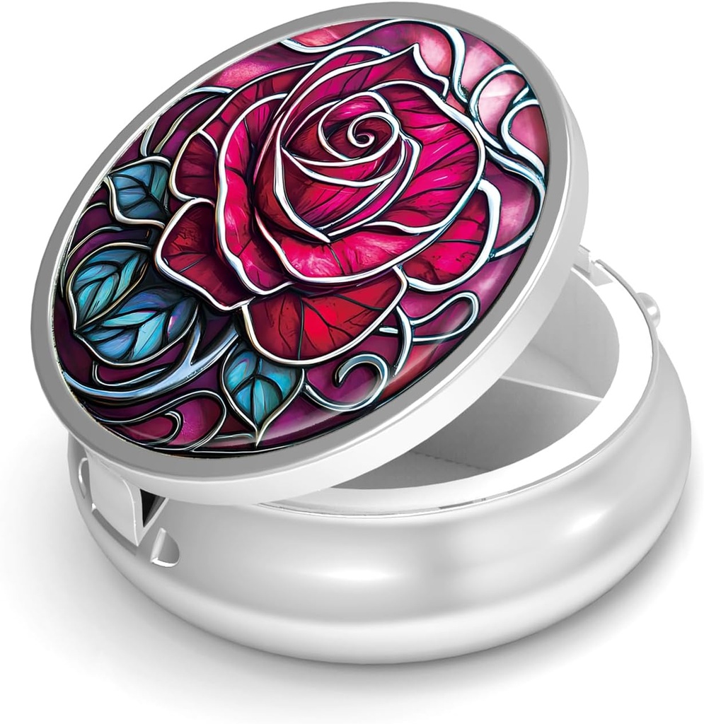 Pieninės Box3 Community Small Pill Case for Purse & Pocket Mini Metal Pill Holder Travel Pill Container to Hold Supplements Vitaminai BPA- Free (Rose)