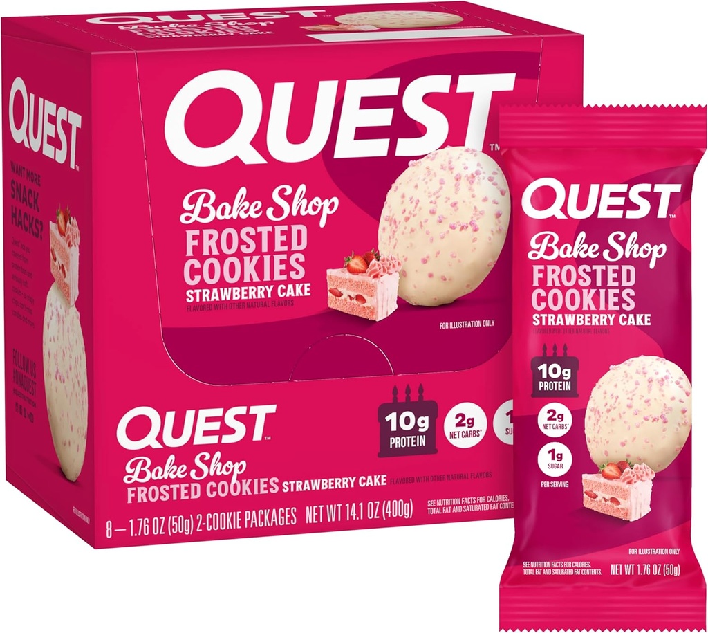 Quest Nutrition Frosted Cookies Twin Pack, Braškių pyragas, 1g Cukrus, 10g baltymų, 2g Net Carbs, Gluten Free, 16 Slapukai