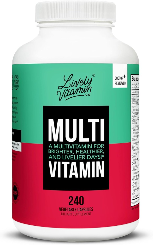 LIVELY VITAMIN CO. Multivitamin - 37 Vitamins Minerals and Extracts - Energy - Memory - Immune Function - Heart- Brain - Focus - Mood - Antioxidants - Dairy Gluten Soy Free - 240 Vegetarian Capsules