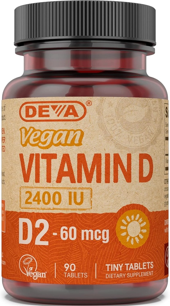 DEVA Vegan Vitaminas D2 60 µg 2400 TV, Ergocalciferolio priedas be jokių ingredientų, 90 tablečių, 1 - pakuotė