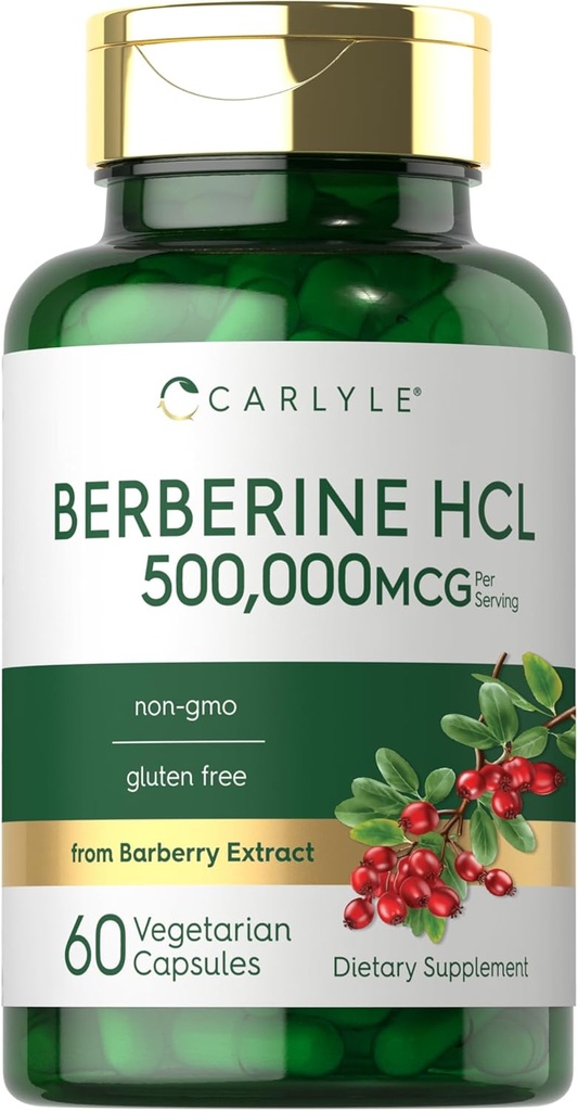 Carlyle Berberine HCL Priedas, 124; 500,000µg, ® 124; 60 kapsulių, ® 124; Vegetarian, Non- GMO, Gluten Free