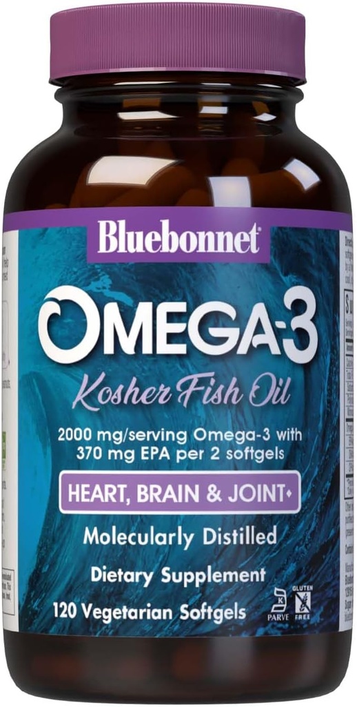 Bluebonnet Nutrition Omega-3 Kosher Fish Oil, Natural Trigliceride Form, Gluten- free, Daily-Free, Kosher Certified, Non-GMO, 3rd Party Teed, Molekully Distilied, 120 Vegetarinis Softgel, 60 Tarnavimas