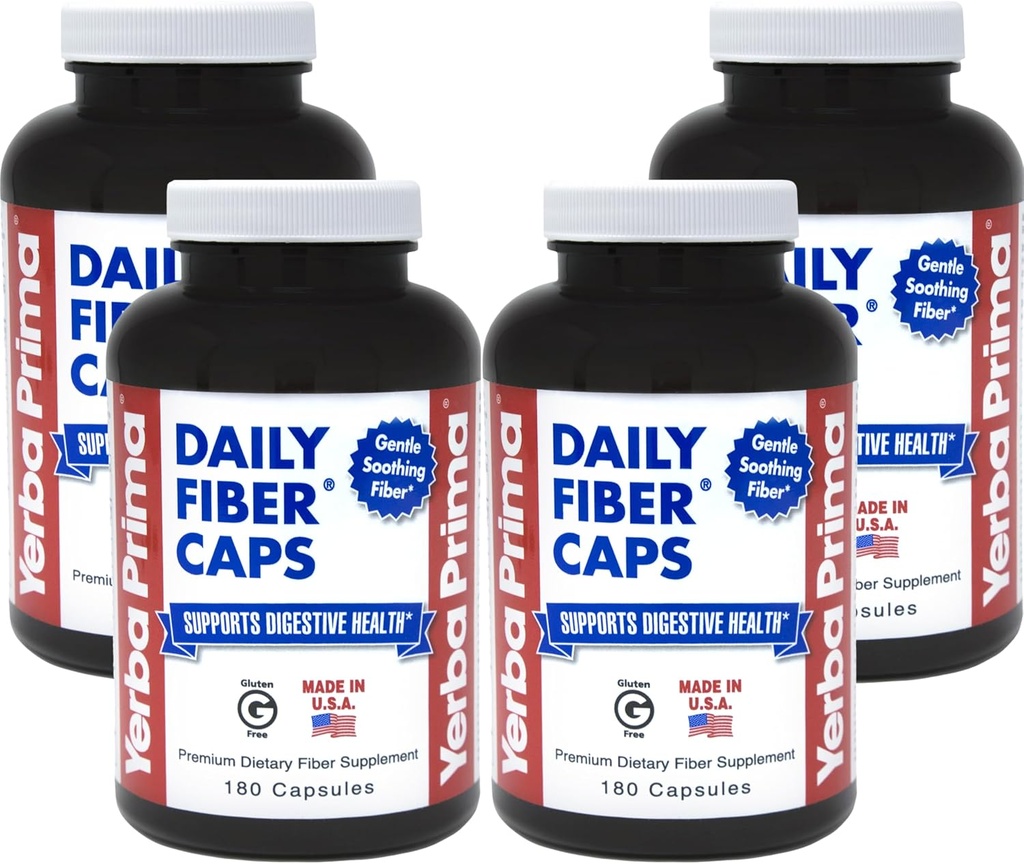 Yerba Prima Daily Fiber Caps - 180 Capsules, (Pack of 4) - Soluble & Insoluble Dietary Fiber Supplement - Colon Cleanse - Gut Health - Vegan, Non-GMO, Gluten-Free