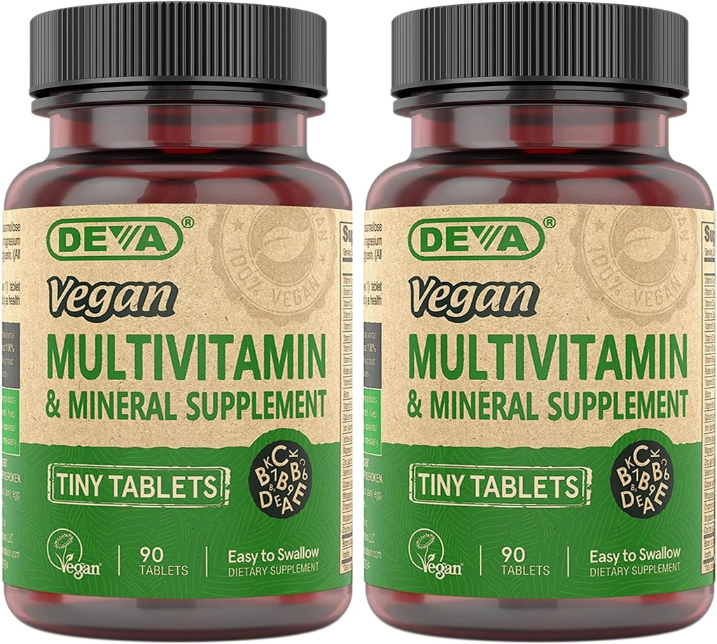 DEVA Tiny Tabletės Vegan Multivitaminas moterims ir vyrams 2 - Pakuotė su geležimi, vitaminas C, E, B kompleksas vitaminai, Cinkas, 90 tablečių