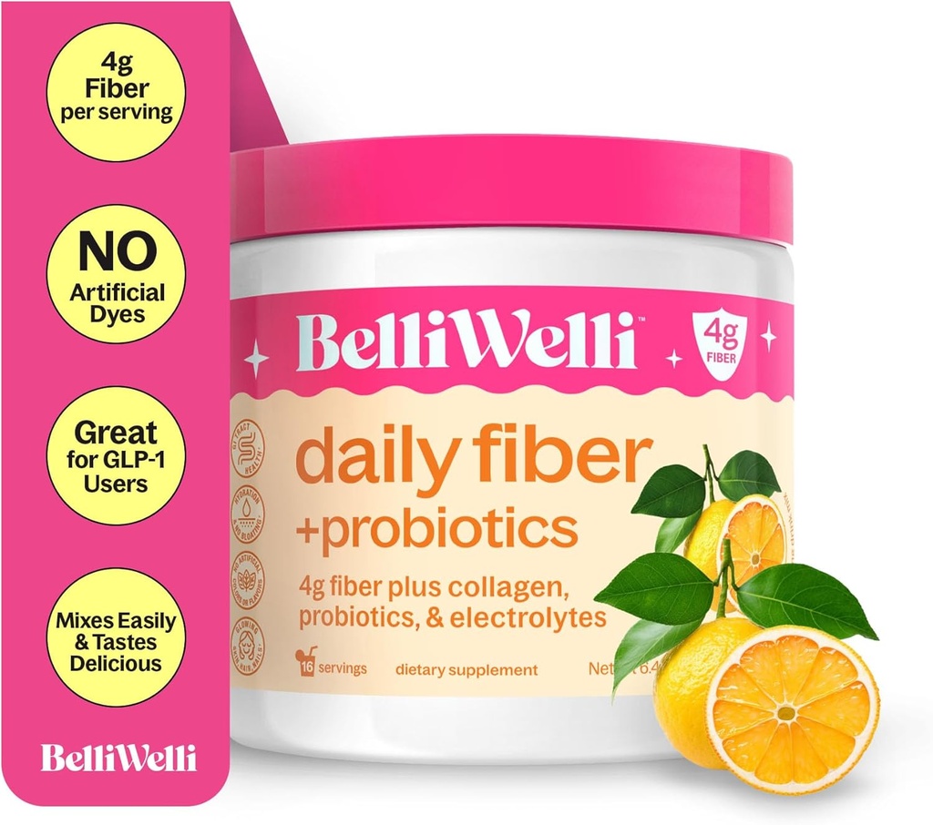 BelliWelli Fiber Priedas moterims ir vyrams - Premium Daily Fiber milteliai iš Organic Acacia su pridėta Collagen, Electrolytes & Probiotics - No Bloat, Vidurių užkietėjimas & gut Health Support (Orange Yuzu)