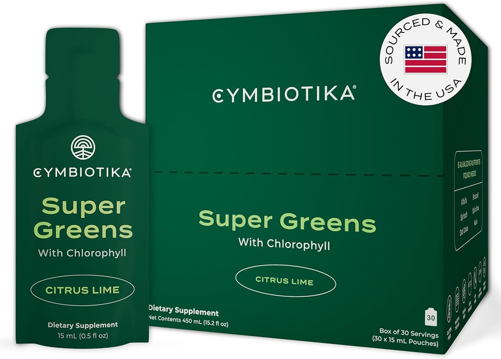 CYMBOOTIKA Super Green Addition with Chlorophyll, Spirulina, Daily Vegan Superfood Packets for Digestive Gut Health, Detox, Energy and Immune Support, Citrus Lime Flavor, 15 ml Pouches, 30 Pack