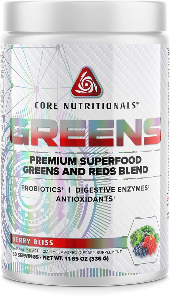 Core Nutritional Mergels Žalieji apie 124; Premium Superfood Reds & Green Blend ® 124; 5 Billion KSV Probiotics, Digestive Enzymes, & Antioksidantai ® 124; 30 Paslaugos (Berry Bliss)