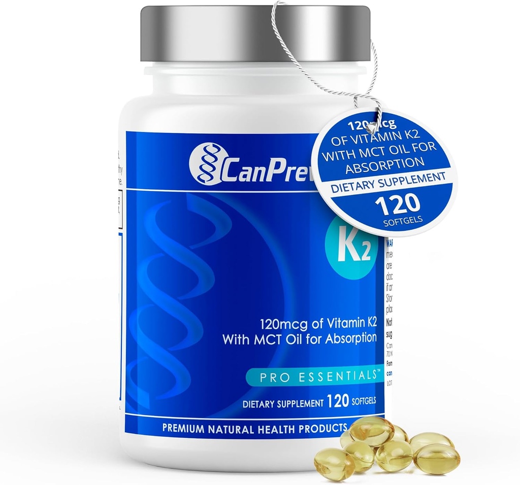 CanPrev K2 120mcg su organiniu kokosų aliejumi, 120 Softgels 120- Day supply - Inhanced Absorption for Optimal Bone and Teeth Support, High Potency Vitaminum K2 for maintence Strong Bones and Teeth