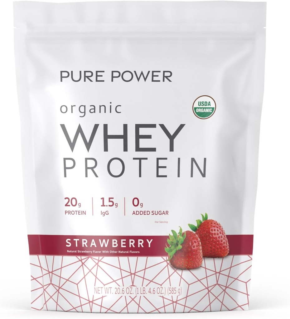 Dr. Mercola Pure Power Organic Whey proteinas - 20 g proteinas - Palaiko raumenų augimą ir energiją - Gras- Fed Whey koncentratas - 15 Paslaugos (20.60 oz) - braškių