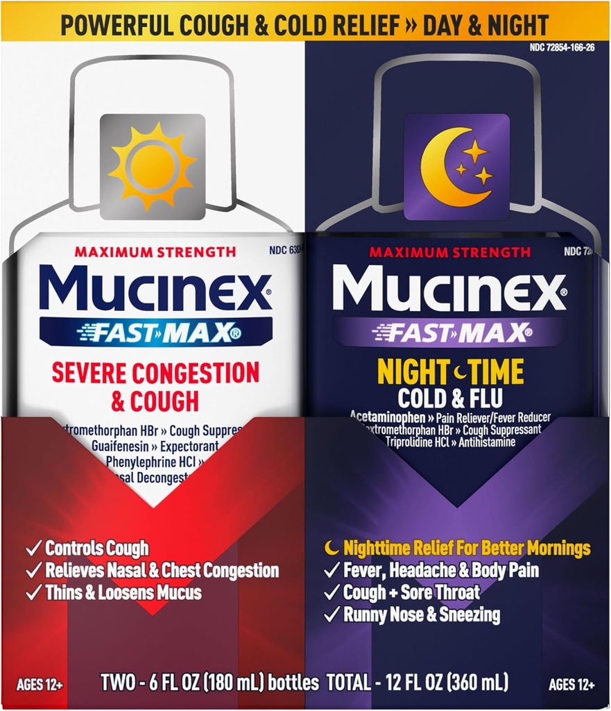 Mucinex Fast-Max & NightShift Combo Pack - Max Strength Cough & Cold Medicines For Mucus Relief, Chest Congestion, Nasal Congestion, Sinus Congestion, Sinus Pressure, Cough Symptom Relief (2x 6 FL OZ)