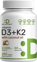 DEGAL supplementing Vitaminas D3 2000 TV + K2 MK7 50µg Softgell ® 124; 2-in1 kompleksas su Virgin Cocoosum Oil ® 124; remia širdį, kaulus, dantis ir imuninę sveikatą
