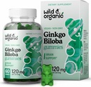 Wild & Organic Gingko Biloba 120mg Gummies - Smegenų palaikymas ir fokusavimo priedas w / Ginkgo Biloba ekstraktas - Vegan, Non- GMO - 60 Pectin- Remiantis žolinių Chewables