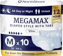 NorthShore MegaMax Adult Overnight Diapers, 12-Hour Tab-Style, Medium, 10 Count Bag, White, 32-44 inches, Unisex Incontinence Underwear