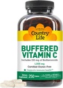 Country Life Bufered Vitaminas C 1000mg su bioflavonoidais, Kalcis, Magnis, Kalio - Imuninė parama, Vegan kapsulės, nemokamai, Švelnus ant pilvo - 250 tabletės