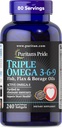 Puritan Pride Premium Triple Aktyvus Omega 3-6-9 Žuvys, Laksas, ir Borage aliejai, mitybos priedas širdies, sąnarių, ir ląstelių sveikatos parama, 240 Greitas spaudai Softgels