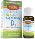 Carlson - Kūdikių Plant-pagrįstas Super Daily D3, Kūdikių vegetariškas skystas vitaminas D lašai, 400 TV (10 µg) per Drop, Paspaustas iš Algae, kūdikių ir Toddlers, Nearomatizuotas, 90 lašai (2,54 ml)
