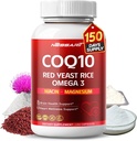 COQ10 + Red Yeast Rice Addition - 10- in-1 Natural Blend with Omega 3 Vitaminas B3, K2, D3, Cinko pieno tirštiklis Black Pepper - 150 Count - Pagaminta ir išbandyta JAV