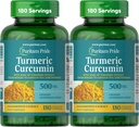 Puritan 's Pride Turmeric Curcumin 500mg, Standartizuotas iki 95% cucuminoids, žolinis dietinis priedas antioksidantui Health, 180 Radpid spaudai kapsulės, pakuotėje po 2