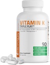 Bronsonas Vitaminas K Trigubas žaisti (Vitaminas K2 MK7 / Vitaminas K2 MK4 / Vitaminas K1) Pilno spektro kompleksas Vitaminas K papildymas, 90 kapsulės