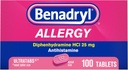 Benadryl Ultratabs Alergija Medicina, 25 mg Difenhidramino HCl Antihistamino tabletės šaltiems ir alergiškiems simptomams palengvinti Kaip čiaudulys, Runny Nose, Niežėjančios akys ir gerklė, šienligė, 100 tablečių