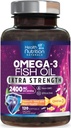 Omega 3 Žuvies aliejus 2400 mg - Trigubas stiprumas Omega3, EPA & DHA riebalų rūgščių papildas - Natūrali parama imuninei, širdies ir smegenų sveikatai - Laukiniai Caught, Non- GMO, Lemon Sfeor, Burpless - 120 Softgels