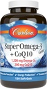 Carlson - Super Omega-3 brangakmeniai + CoQ10, 1200 mg Omega- 3s 200 mg CoQ10, Cirkuliacijos funkcija, Energijos gamyba & Cirkuliacinė parama, 120 Softgels