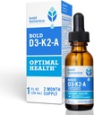 Bold Botanica D3-K2-A, skysto vitamino kompleksas, Vegan D3 iš organinių algų su vitaminu K2 (MK7) ir A už imuninę paramą, Natūralus apelsinų skonio, Deguto Skanus, 1 FL OZ. (30ml)